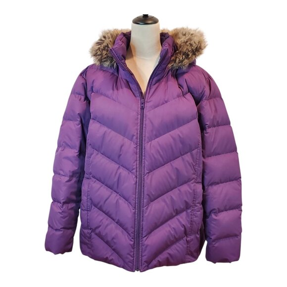 LANDS END SZ 2X Plus Size Women's Down Puffer Winter Coat Faux Fur Trim Hood - Picture 1 of 7